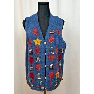 Marisa Christina VTG Christmas Cardigan Vest L Blue Plaid Grandmacore Cottagecor